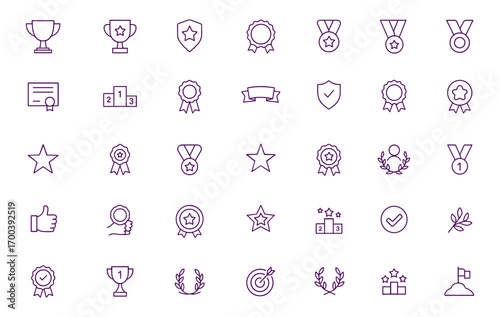 Awards Vector Icon Set, Trophy, Medal, Badge, Ribbon, Certificate, Podium, Ranking, Star, Prize, Reward, Champion, Success, Victory, Achievement, Quality, Recognition, Celebration, Performance
