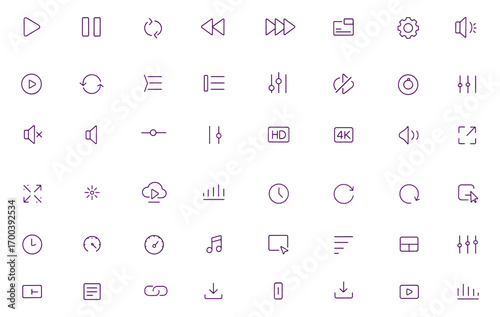 Video Player Icon Set Vector, Multimedia UI Playback Controls, Adjustable Line Weight, Play Pause Rewind Forward, Volume Subtitles HD 4K Fullscreen, Streaming Settings, Movie Screen Buttons