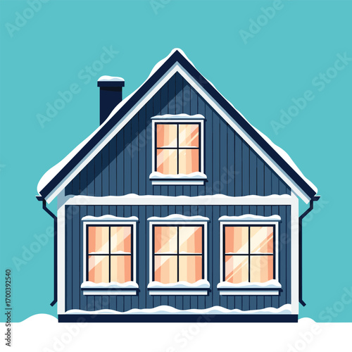 Cozy winter cabin home with snow and warm lights