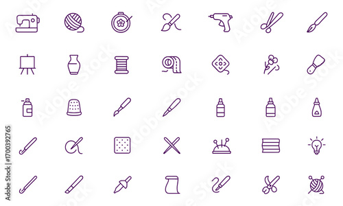 Handmade Crafts Icon Set Vector, Sewing machine, embroidery, yarn, paint palette, glue gun, scissors, needle, brush, canvas, pottery, roller, thread, textile, stitching, creative art, crochet, tailor