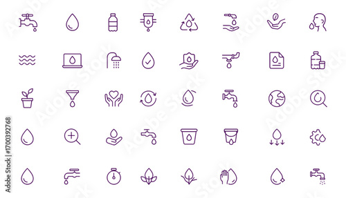Clean Water Icon Set, Vector Illustration, Adjustable Line Weight, Tap, Droplet, Bottle, Filtration, Plumbing, Hygiene, Leak, Recycle, Earth, Drink, Conservation, Sustainability, Environment, Fresh