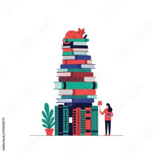 Stack of books with cat and person illustration