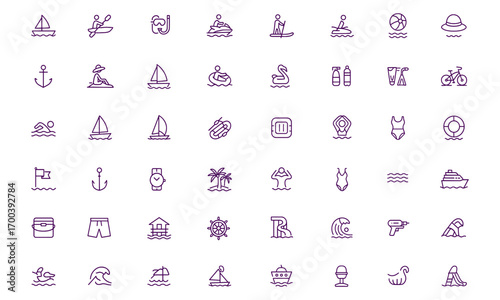 Water activities vector icon set, nautical sports, sailing, kayaking, snorkeling, jet ski, paddleboard, yacht, surfing, diving, beach fun, summer holiday, ocean entertainment, adjustable line weight