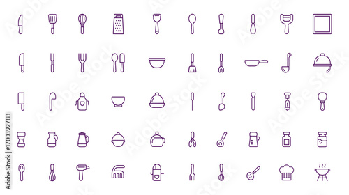 Kitchen Tools Vector Icon Set, Cooking Utensils, Knife, Spoon, Spatula, Whisk, Grater, Ladle, Tongs, Peeler, Corkscrew, Cleaver, Slicer, Fork, Cutlery, Bake, Food Preparation, Chef Illustration