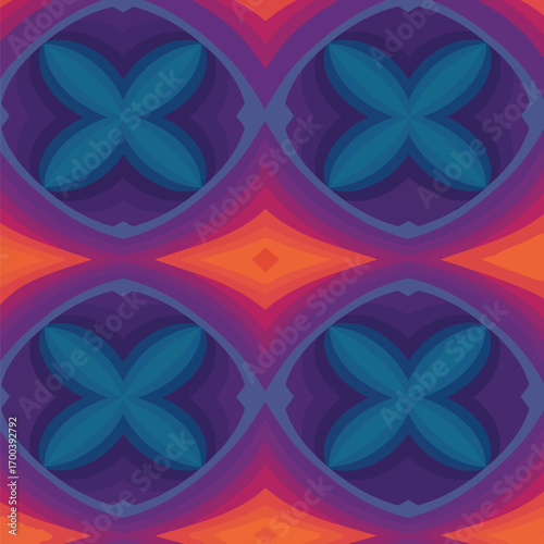 Abstract seamless pattern featuring floral and diamond shapes in purple and teal, patern seamless, Stock royalty free.