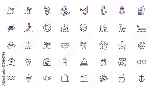 Beach activities vector icon set, adjustable line weight, summer vacation symbols, surfing, snorkeling, kayak, paddleboard, lifeline, sandcastle, ocean swimwear, tropical travel illustration