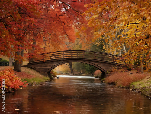 Wooden Bridge over a Peaceful Stream in Autumn Forest