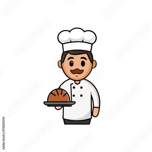 cartoon baker man holding a cake