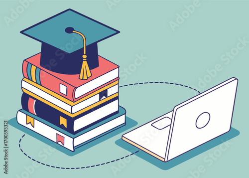 Digital Education Vector Concept with Books and Laptop