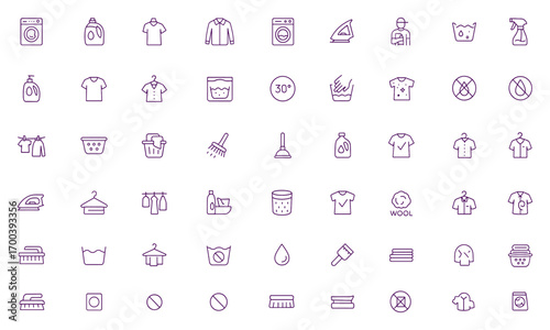 Laundry vector icon set, washing machine, detergent, dryer, ironing, basket, cleaner, water, hygiene, clothes care, domestic washing equipment, household cleaning, fabric care illustration