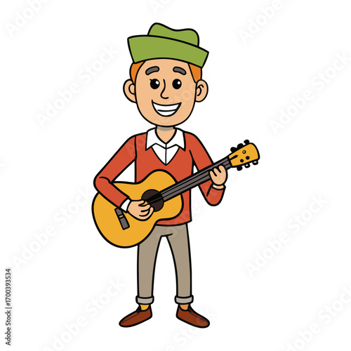 cartoon musician man with guitar  wearing casual dress