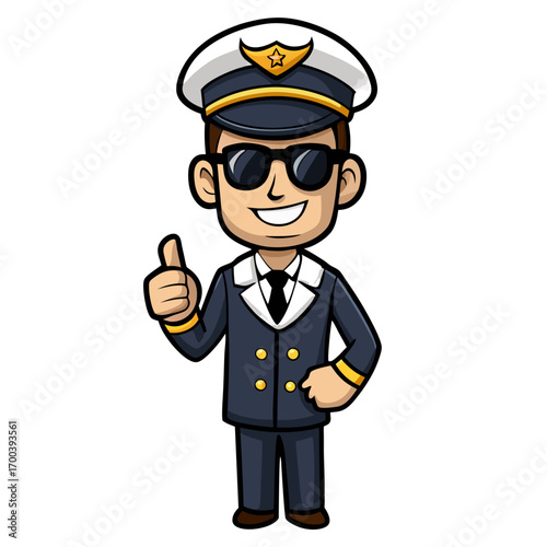 cartoon pilot man in navy uniform with cap and sun