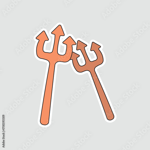 Devil's Trident Pitchforks Sticker. A simple, cartoon vector illustration of two devil's pitchforks or tridents, perfect for a spooky and fun Halloween theme