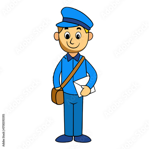 cartoon postman in blue outfit with envelope