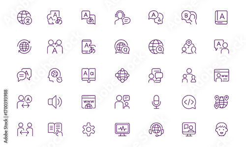 Language vector icon set, translation, interpreter, multilingual communication, dictionary, global speech, online education, conversation, voice learning, localization, classroom, culture