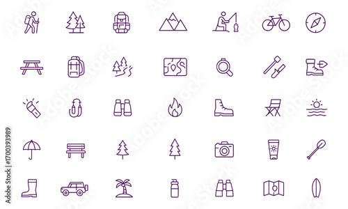 Outdoor Recreation Icon Set Vector, Adventure, Hiking, Camping, Fishing, Kayaking, Biking, Mountains, Tent, Backpack, Picnic, Compass, Exploring, Leisure, Map, Trekking, Canoe, Forest, Trail, Journey