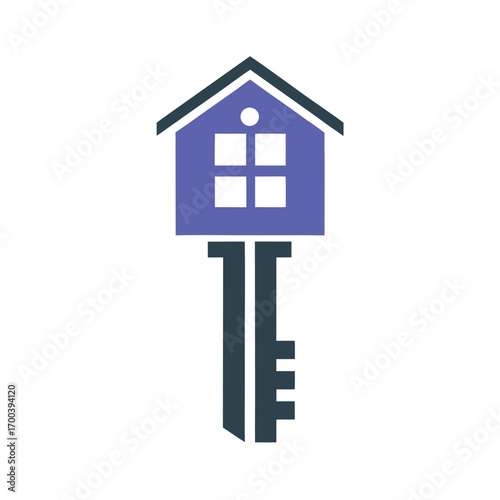 Purple house key symbol with dark grey roof and key shaft home real