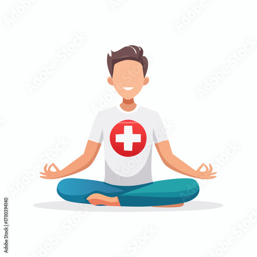 A meditating man in lotus position with medical cross, health and wellness concept