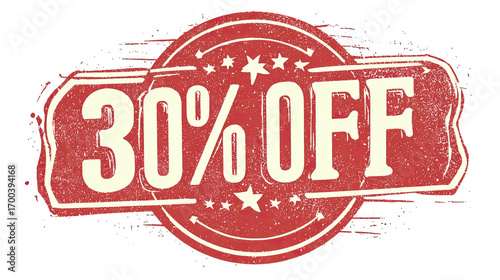 Distressed Vintage Style 30 Percent Off Round Promotional Stamp.