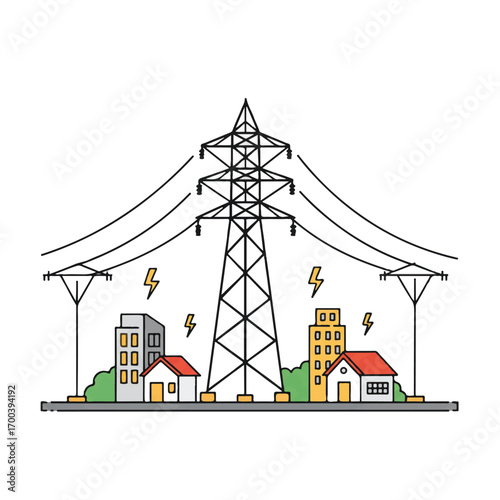 Power lines transmit electricity across a small town, providing energy to homes and businesses with a clean and modern aesthetic.
