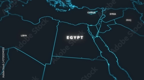 3D world digital glowing map animation of Egypt.