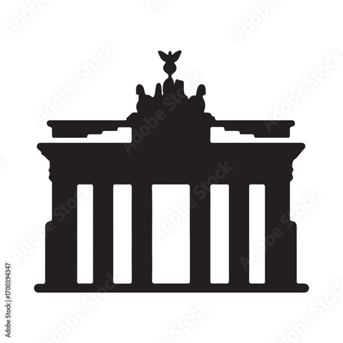 Bold Black Silhouette of Neoclassical Monumental Gate with Columns and Iconic Sculpture