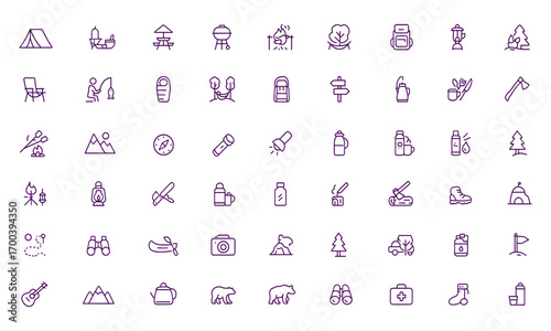 Camping icon vector set, tent, hammock, picnic, campfire, barbecue, grilling, fishing, chair, sleeping bag, thermos, hiking, outdoor adventure, nature, forest, recreation, wilderness, vacation