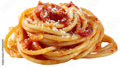 A gourmet portion of Bucatini all'Amatriciana, elegantly served as a pasta nest with guanciale sauce and grated Pecorino. Isolated food shot.