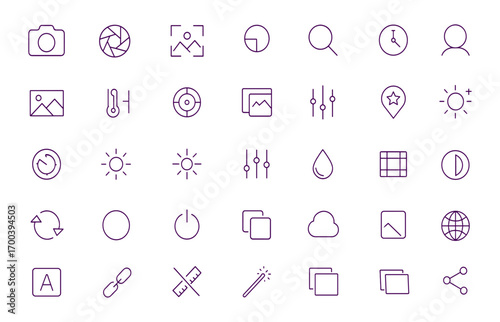 Photography Camera Settings Vector Icon Set, Shutter Speed, Exposure, Focus, Zoom, Contrast, Timer, Portrait, Landscape, White Balance, Media Gallery, UI Symbols, Digital Snapshot Illustration
