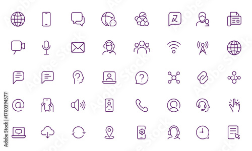 Communication Networking Vector Icon Set, adjustable line style, global network, smartphone, chat, translation, fax, video call, voice command, email, customer support, digital technology illustration
