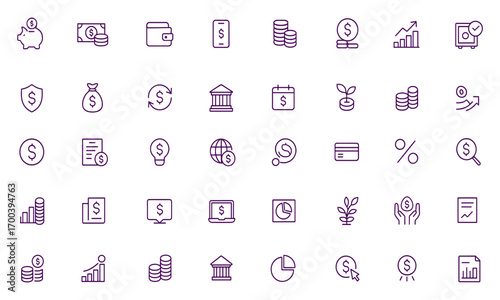 Finance Investment Icon Set Vector, Banking, Money, Savings, Dollar, Wallet, Piggy Bank, Cash, Portfolio, Funds, Chart, Budget, Coins, Wealth, Growth, Capital, Economy, Profit, Business, Currency