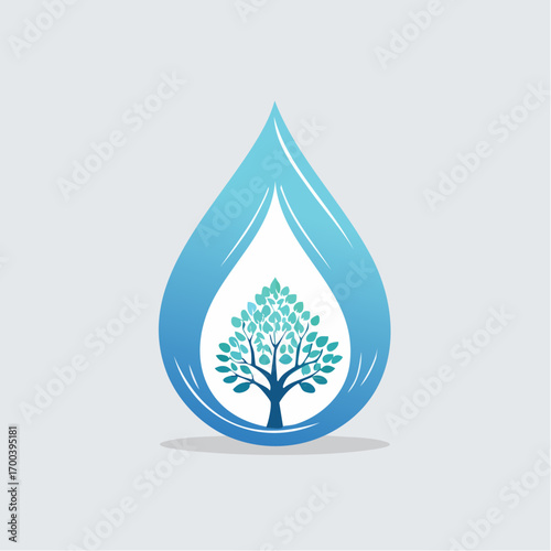 A Symbiotic Emblem: Water Drop Enclosing a Flourishing Tree, Representing Life's Vitality