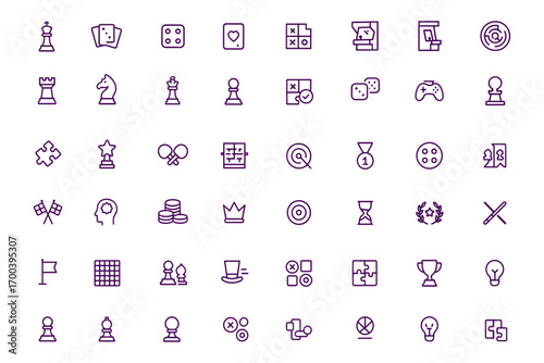 Board games icon set, leisure gaming collection, adjustable line weight, featuring chess, poker, dice, card, puzzle, trophy, arcade, labyrinth, rook, knight, queen, king, pawn, vector, illustration