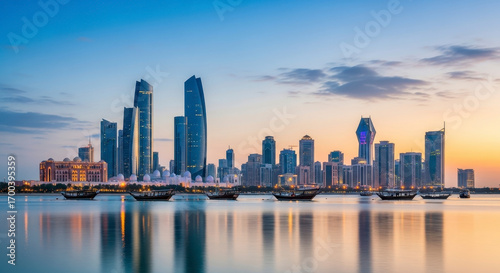 Wallpaper Mural Modern City Skyline Reflecting on Calm Water During Golden Hour Twilight Torontodigital.ca