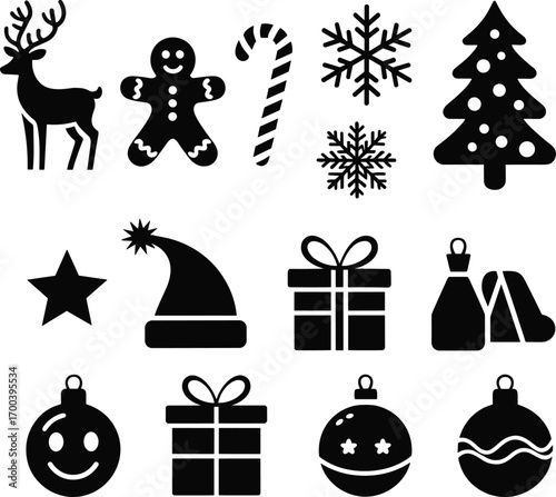 Christmas icon set, festive holiday symbols, gift boxes, reindeer, snowflake, candy cane, Christmas tree, Santa hat, seasonal vector 