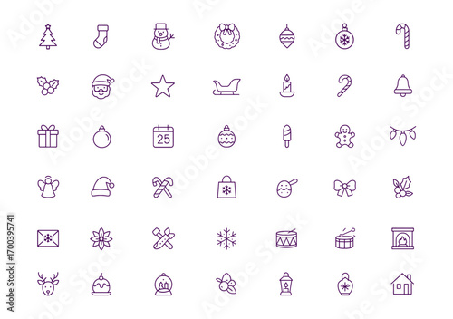 Christmas icon vector set, adjustable line weight, featuring Santa, snowman, Christmas tree, stocking, wreath, festive gifts, decorations, presents, bauble, candy, holiday clipart, seasonal symbols
