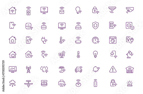 Smart home icon set, adjustable line weight for WiFi connectivity, vector illustration of automation, remote monitoring, appliance control, digital devices, IoT technology, wireless network, cloud