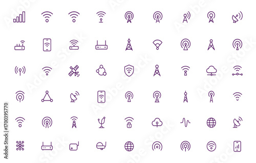 WiFi, wireless, cellular network icon set with adjustable line weight, vector illustration of telecom signal, antenna, transmission wave, mobile connectivity, digital broadcast, cloud communication
