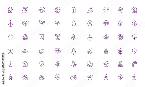 Eco icon set, green energy, recycling, organic, bio, nature, environment, safe house, plant, leaf, ecology, sustainability, renewable, clean climate, vector illustration, natural concept, forest