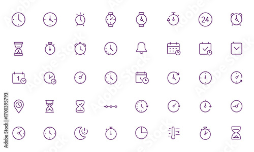 Time Icon Set, Clock, Calendar, Watch, Alarm, Timer, Hourglass, Stopwatch, Reminder, Event Controls, Adjustable Line Weight, Digital, Analog, Smart, Wall, Wristwatch, Schedule, Countdown