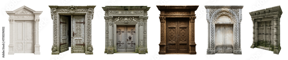 Fototapeta premium Ornate doorway set including classical, gothic, medieval, carved wood, and weathered stone styles isolated. Architectural elements collection.