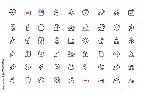 Healthy Lifestyle Vector Icons set, Fitness, Wellness, Nutrition, Exercise, Meditation, Gym, Heart Rate, Sports, Activity, Sleep, Adjustable Line Weight, Energy, Vitality, vector illustration, yoga