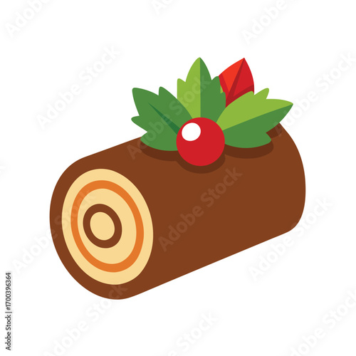 Chocolate Yule Log Cake with Holly Garnish buche de noel