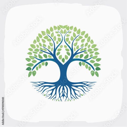 A symmetrical, vibrant tree emblem with roots, branches, and verdant foliage on white