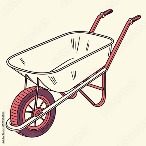 Baby carriage vector illustration of a red wheelbarrow with a wheel, handle, and a baby carrying cart