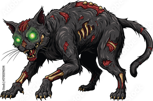 Ferocious undead zombie cat with glowing green eyes, exposed bones, torn flesh, and sharp claws in a terrifying horror pose.
