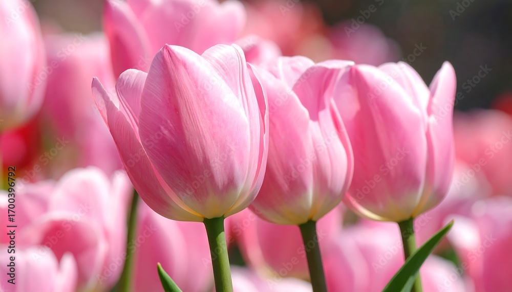 Fototapeta premium A close-up view of several delicate pink tulips in a vibrant garden setting.