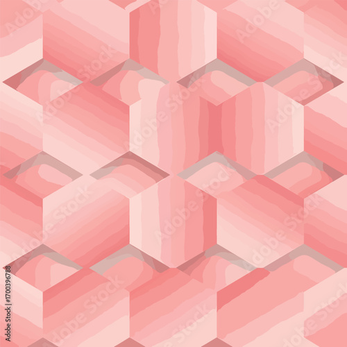 Abstract geometric pattern with a 3D hexagon tile design in soft pink hues, seamless pattern, Stock royalty.