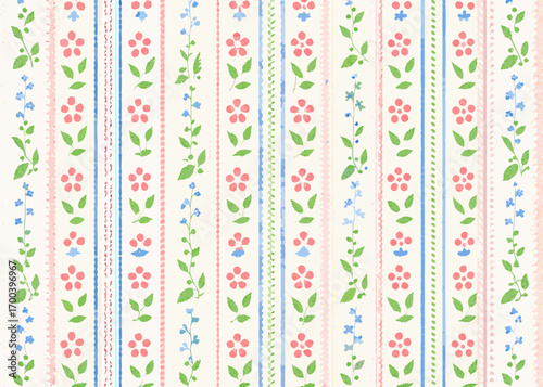 Charming watercolor floral stripe pattern with pink flowers and blue forget me nots
