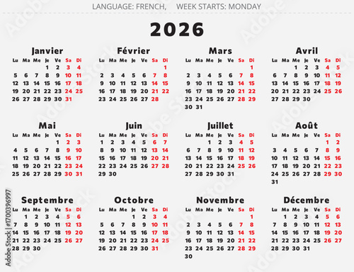 2026 french calendar. Vector year illustration for France black and red colors